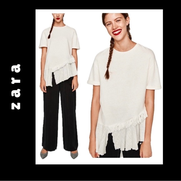 Zara white short sleeve asymmetrical fringe top - Picture 2 of 16